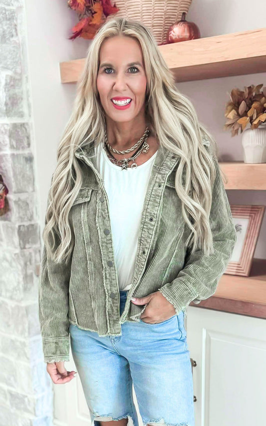 Olive Washed Corduroy Hooded Jacket