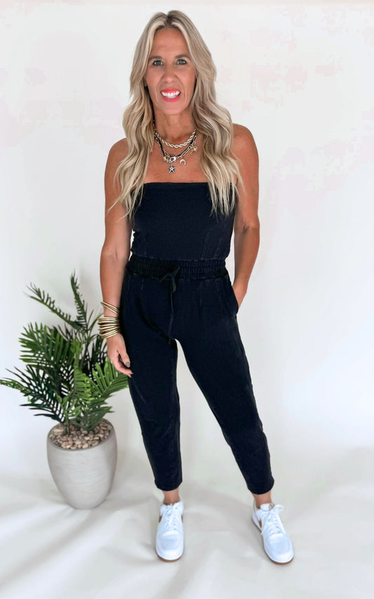 Cotton Blend Strapless Tapered Leg Jumpsuit | MONO B - Final Sale