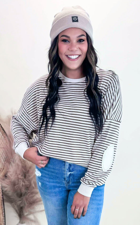 Mocha Striped Thermal Knit Top