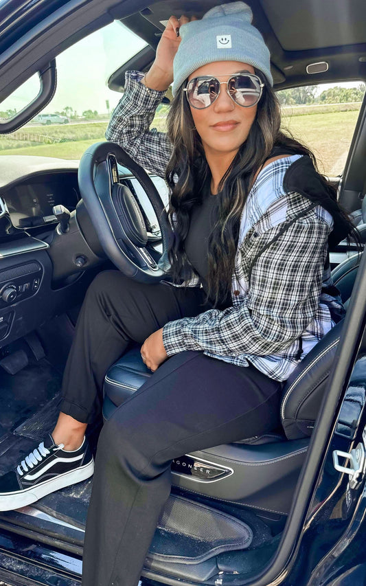 Black Hooded Contrast Plaid Jacket