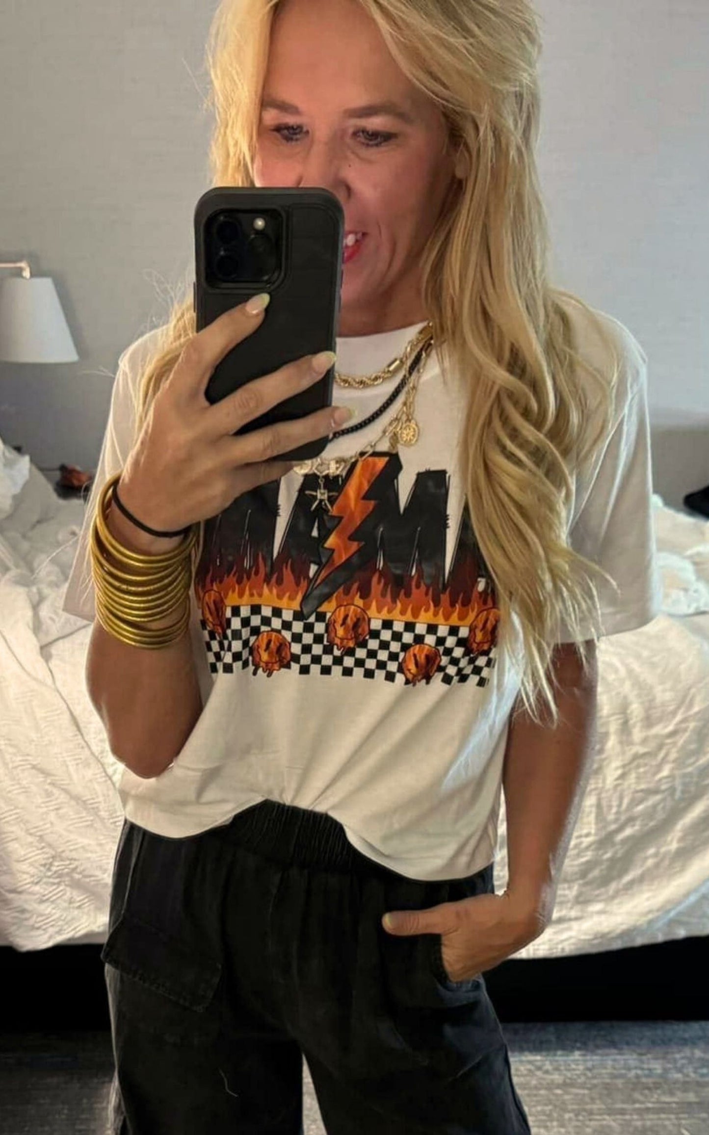 Mama on Fire Check Graphic Crop T-Shirt