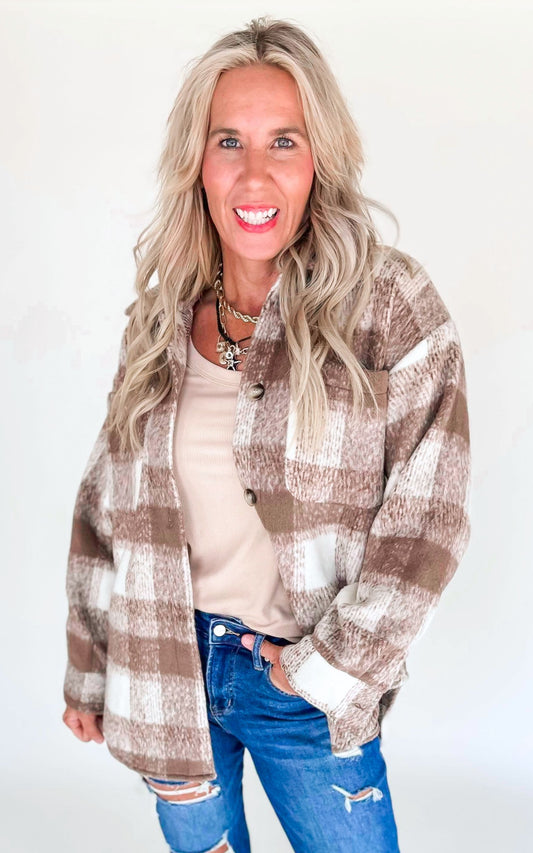 Brown Brushed Yarn Dyed Plaid Loose Button Up Jacket **FINAL SALE