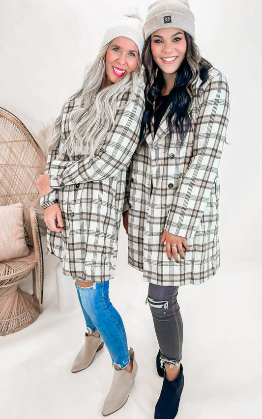 Ivory Double Breasted Plaid Long Coat