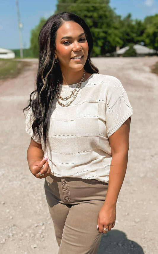 Checking into Fall Short Sleeve Sweater Top**