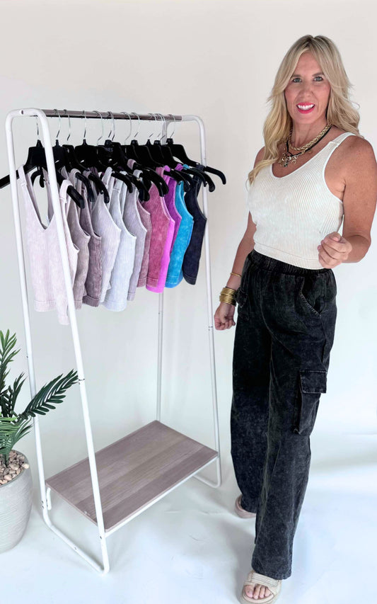 Washed Ribbed V-Neck Cropped Tank Top - Final Sale