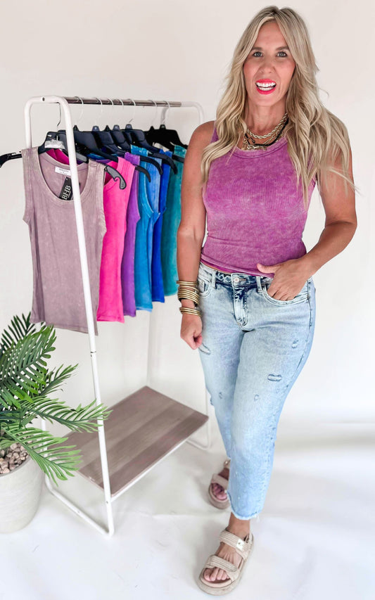 Washed Ribbed Scoop Neck Tank Top * - Final Sale
