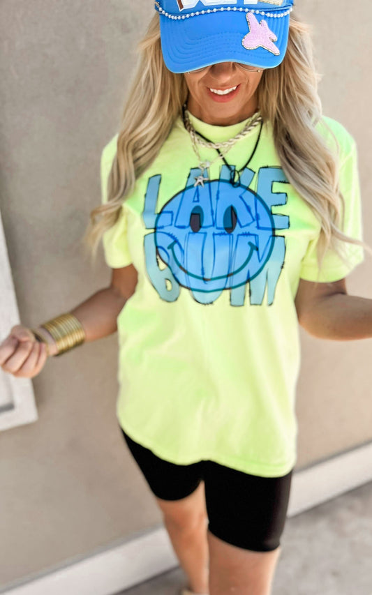 Neon Lemon Lake Bum Smiley Garment Dyed Graphic T-shirt