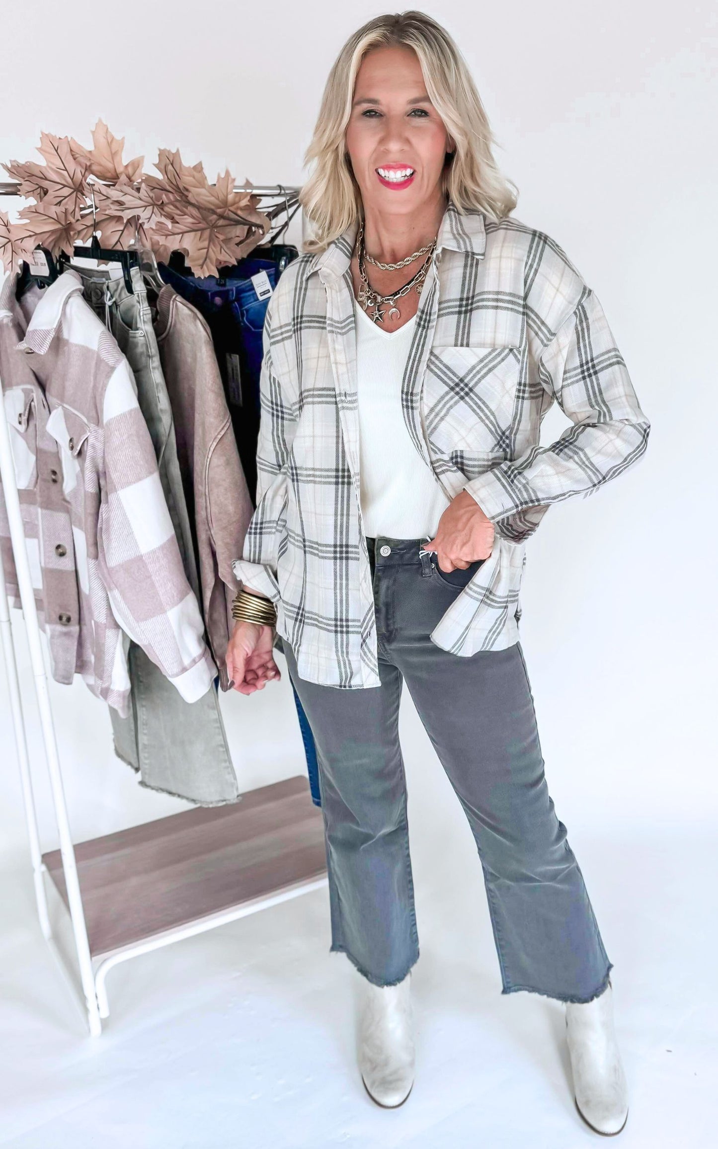 Crisp Mornings Greige Plaid Flannel Button Down Shirt