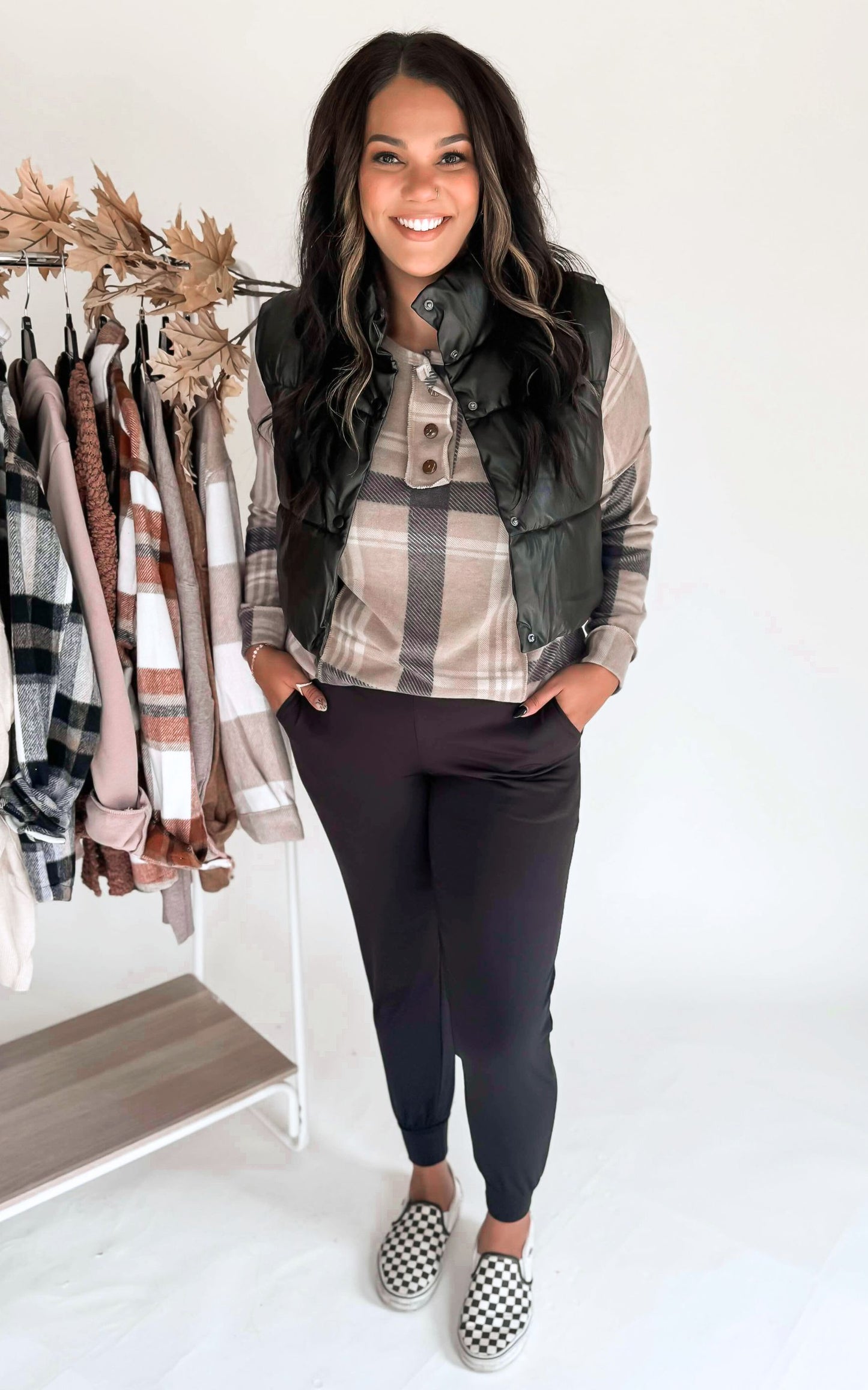 Taupe Plaid Button Front Long Sleeve Top - Final Sale