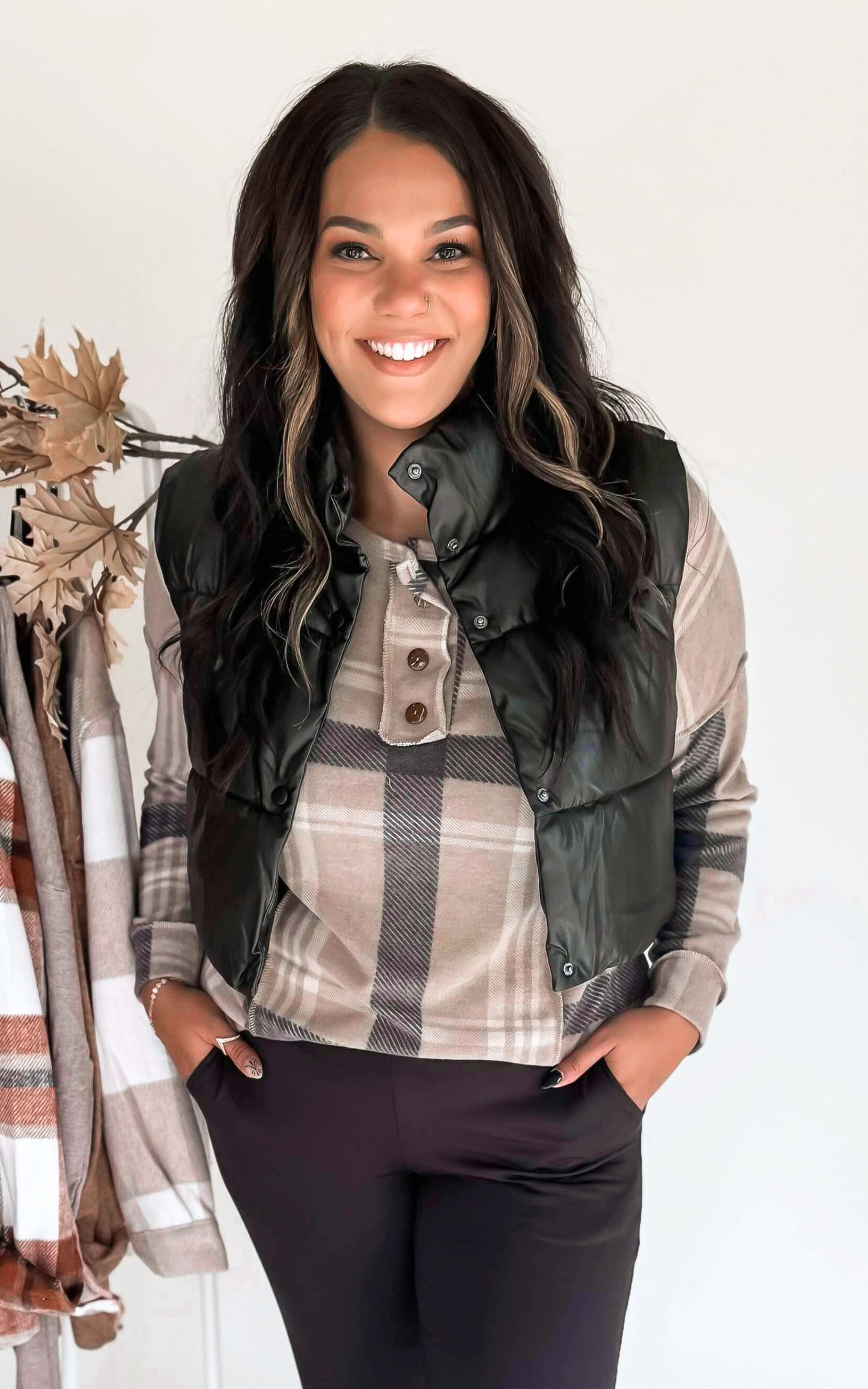 Taupe Plaid Button Front Long Sleeve Top - Final Sale