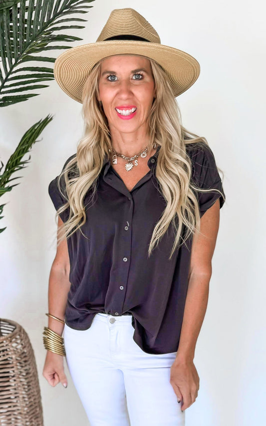 Roll-Up Short Sleeve Basic Collared Top - Final Sale