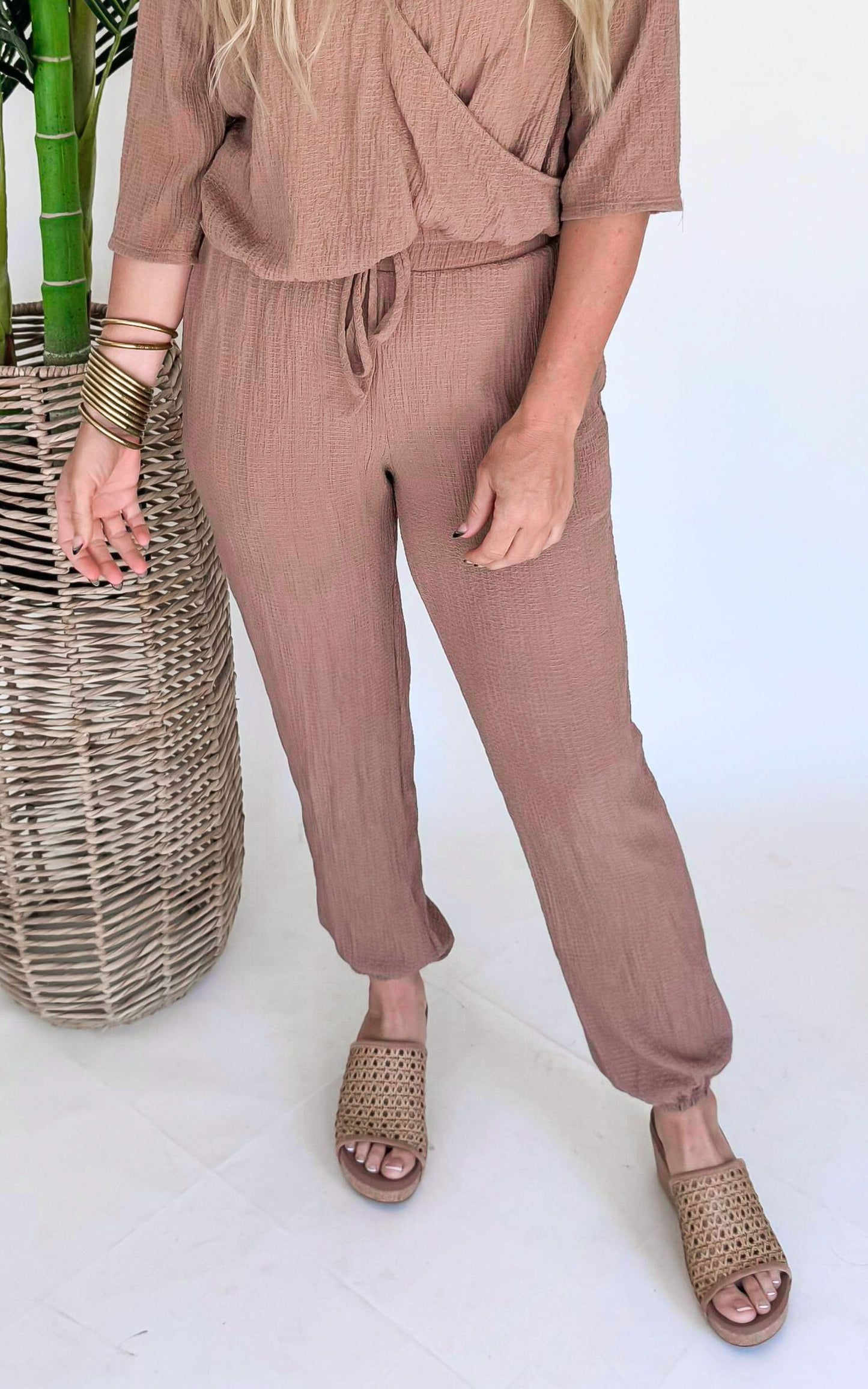 Textured High Waist Joggers - Taupe* - Final Sale