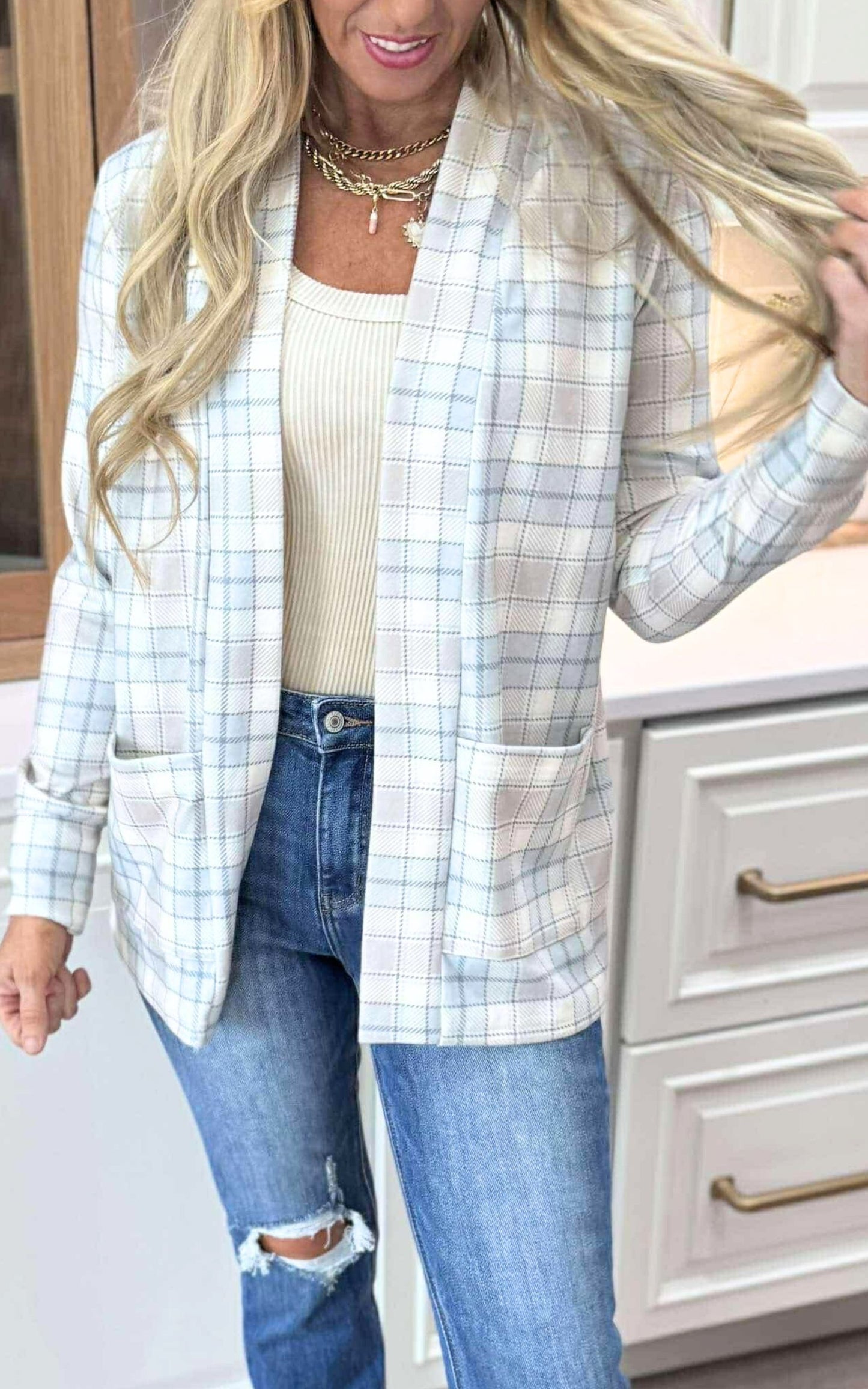 Forever Favorite Plaid Cardigan in Ivory Mocha Blue #1 | Salty Wave - Final Sale