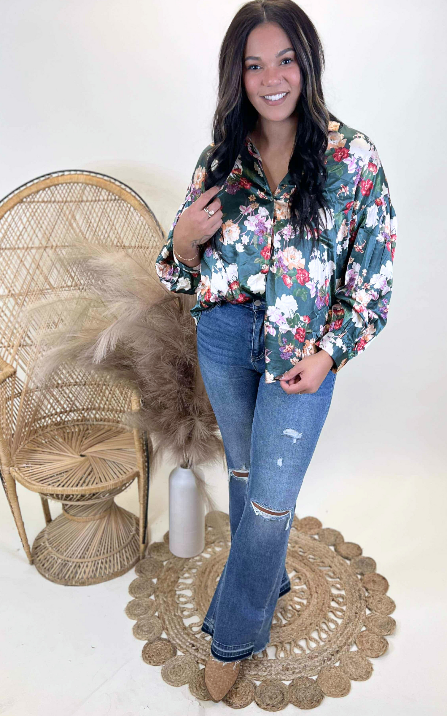 Flower Print Button Down Oversized Satin Blouse