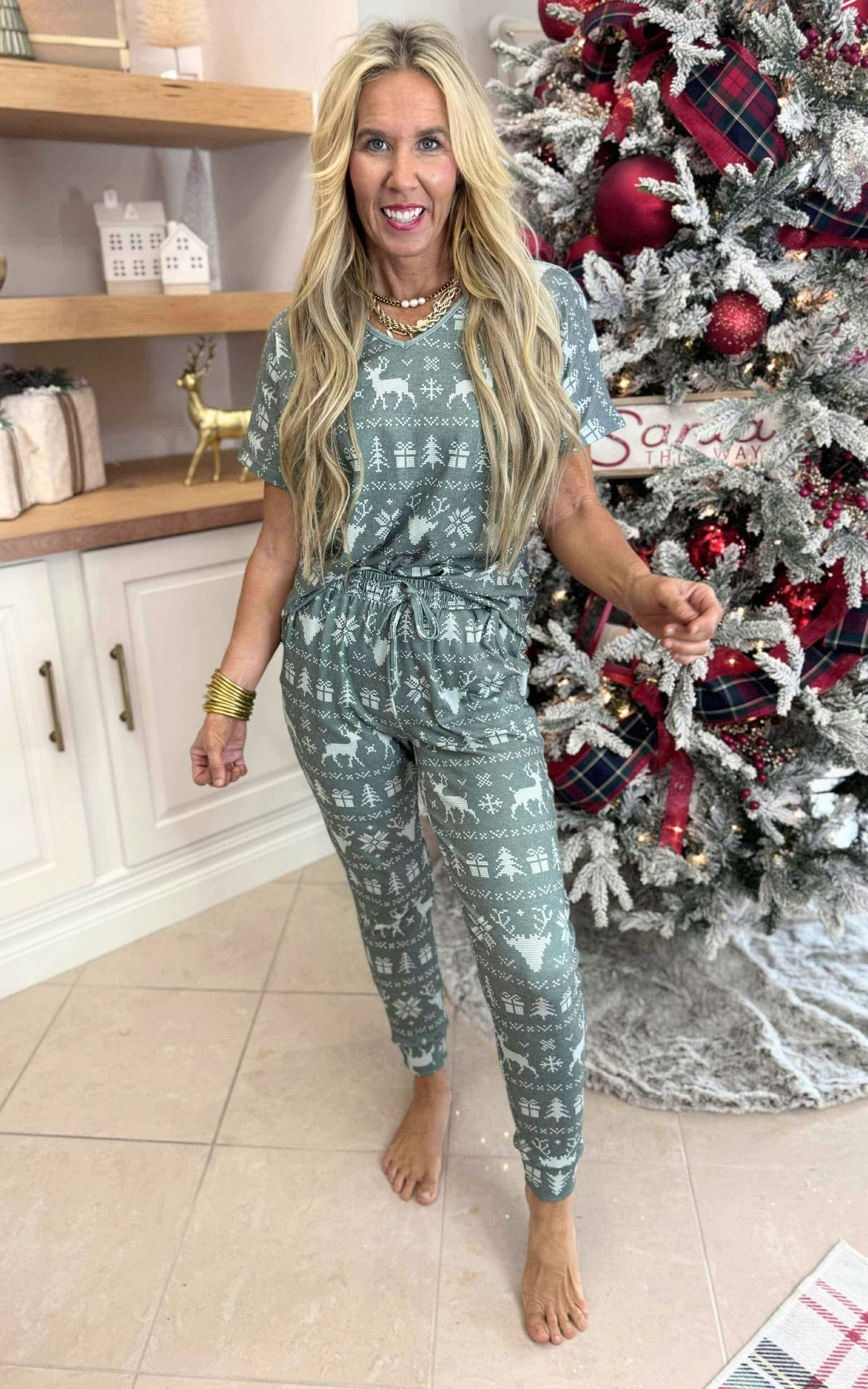 Green Reindeer Jogger Pajama Set by Salty Wave (TOP & BOTTOM)