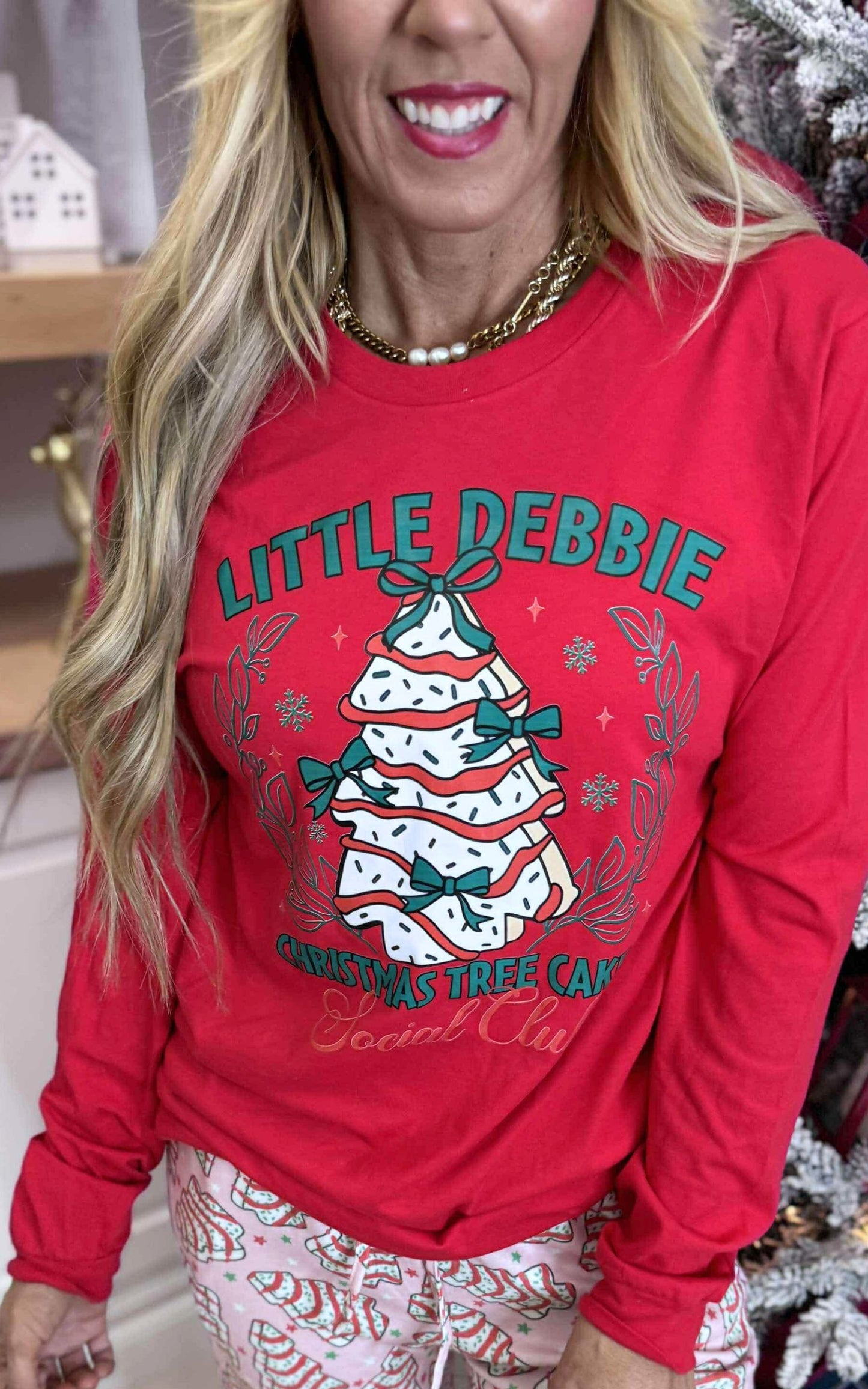 Christmas Cakes Social Club Holiday Red Long Sleeve Graphic Top