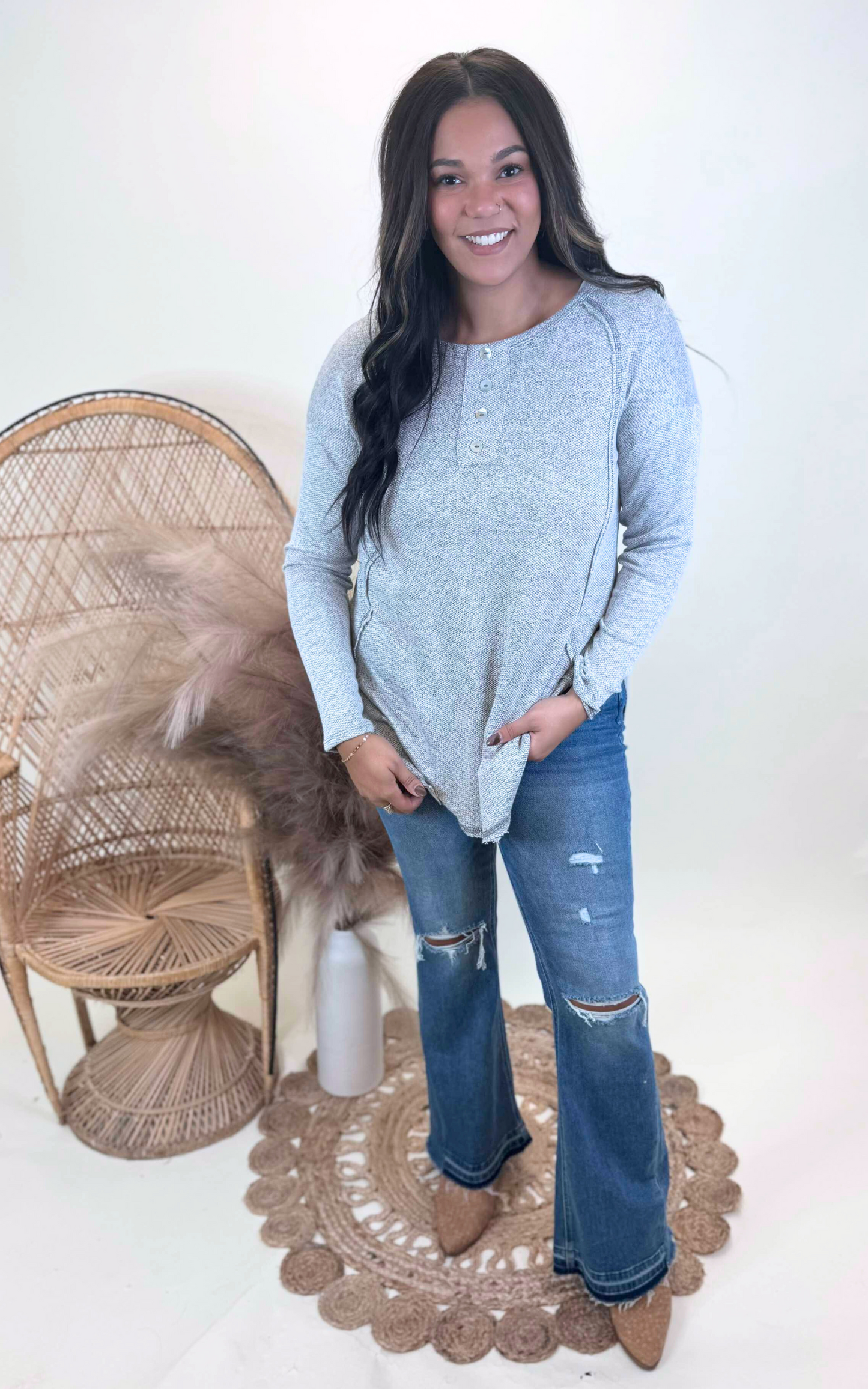 Hi-Low Curved Hem Long Sleeve Henley Top