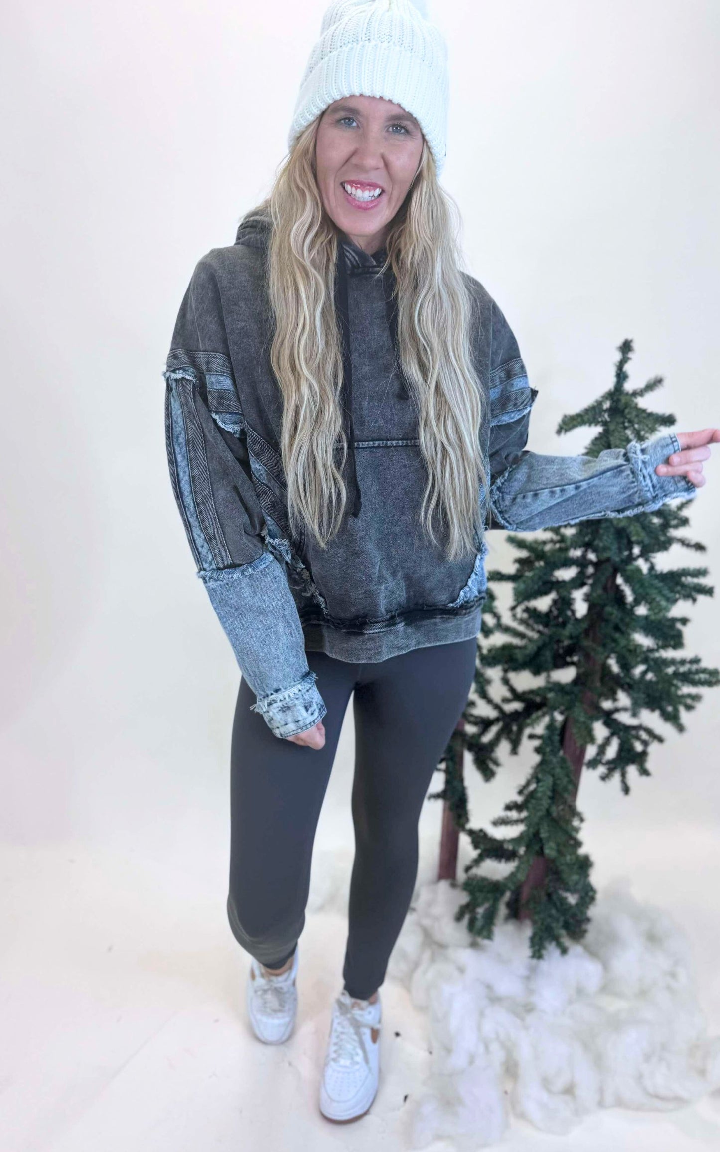 Washed Knit Denim Mix Hoodie