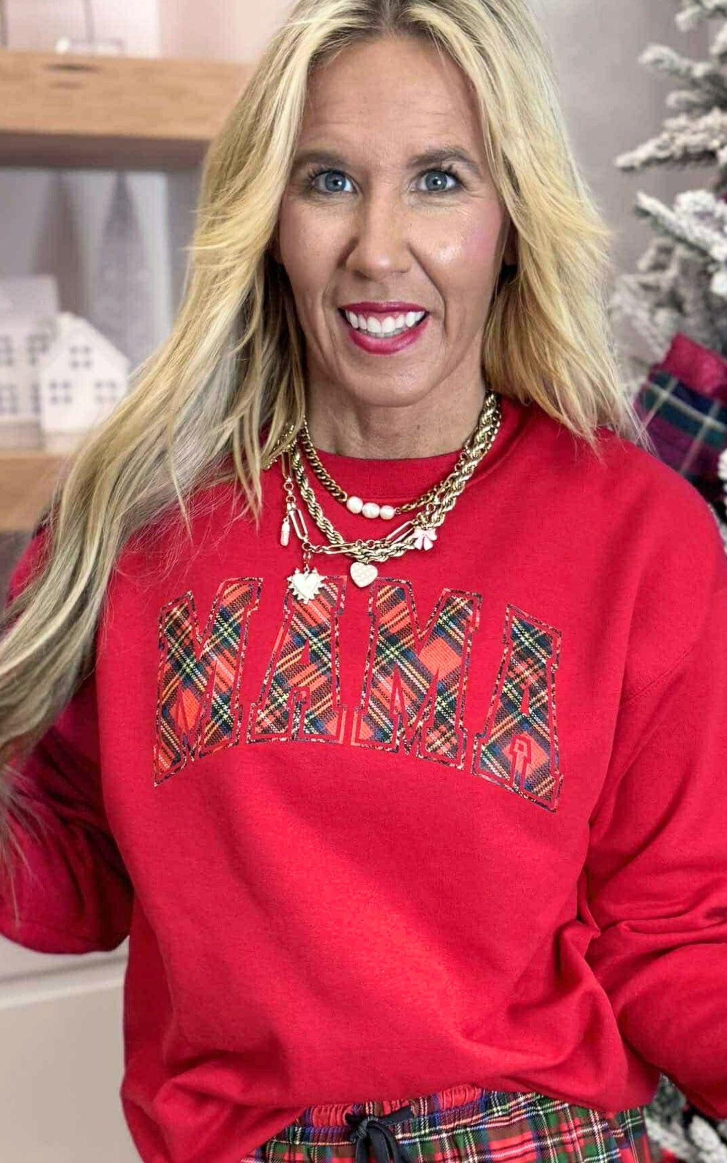 Plaid Mama Holiday Red Graphic Crewneck Sweatshirt