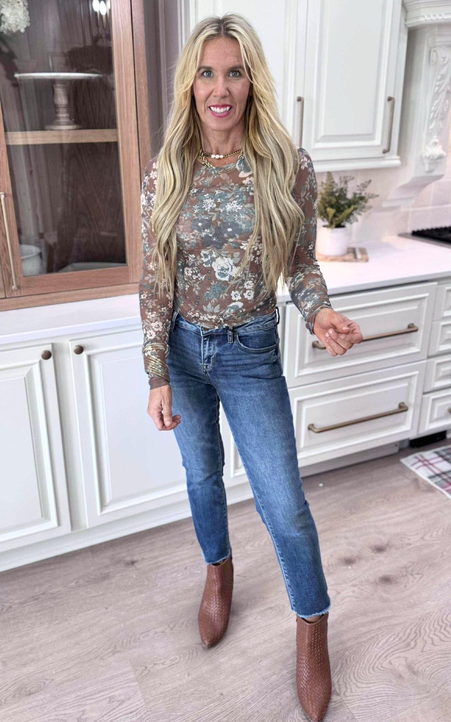 Brown Floral Print Mesh Fitted Long Sleeve Top