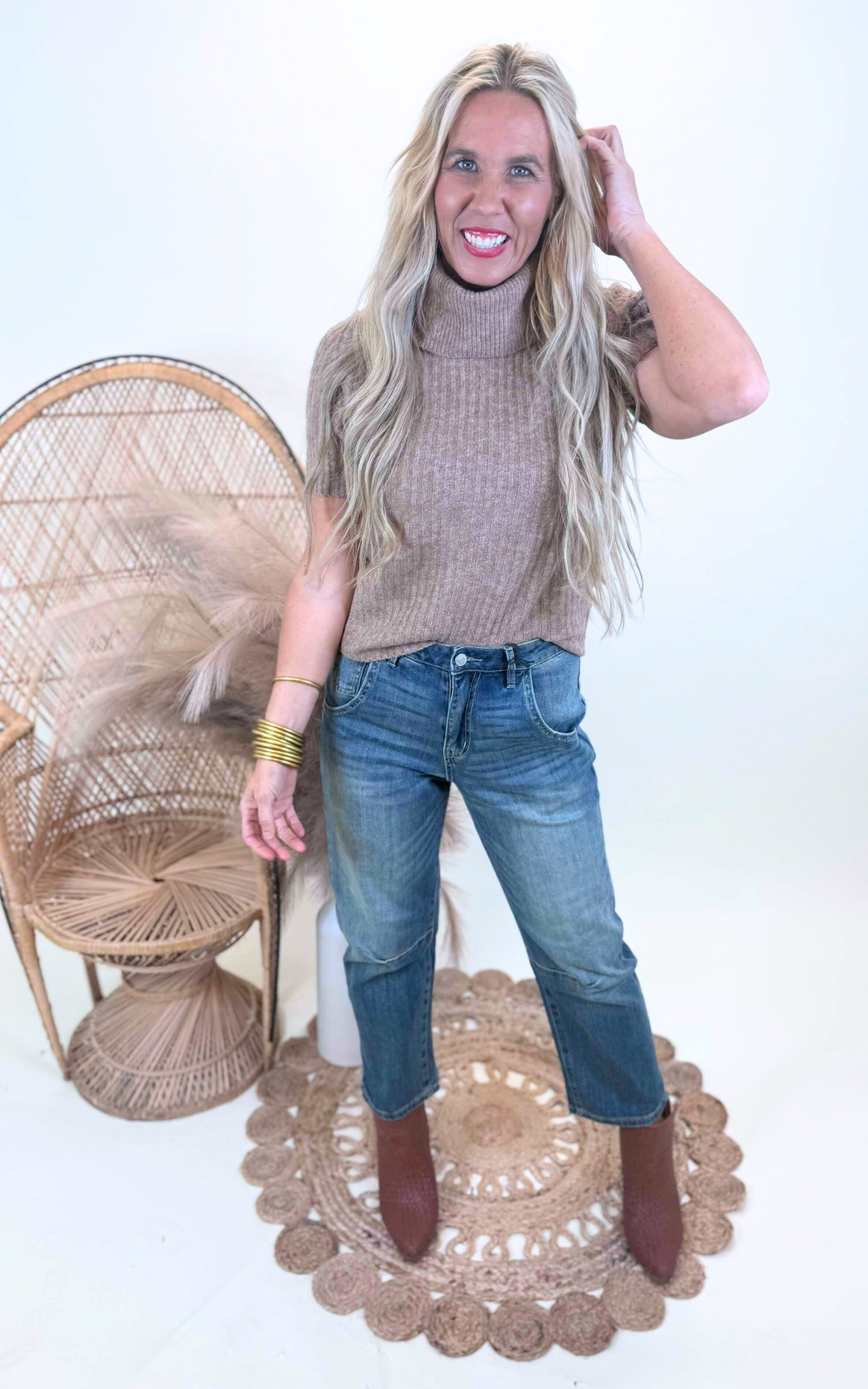 Brown Wool Blend Short Sleeve Turtleneck Top - Final Sale**