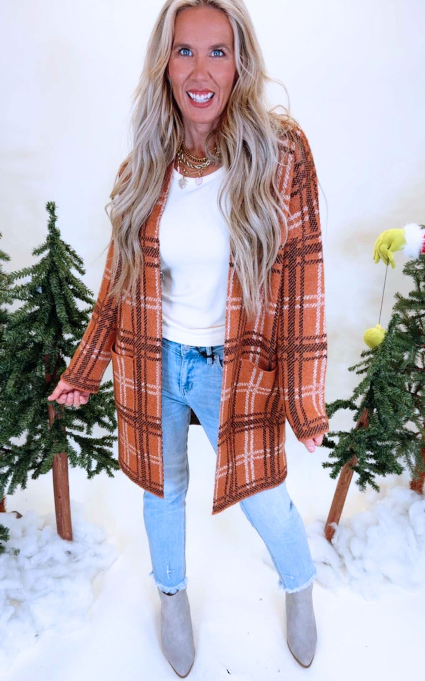 Toffee Jacquard Check Open Front Cardigan - Final Sale