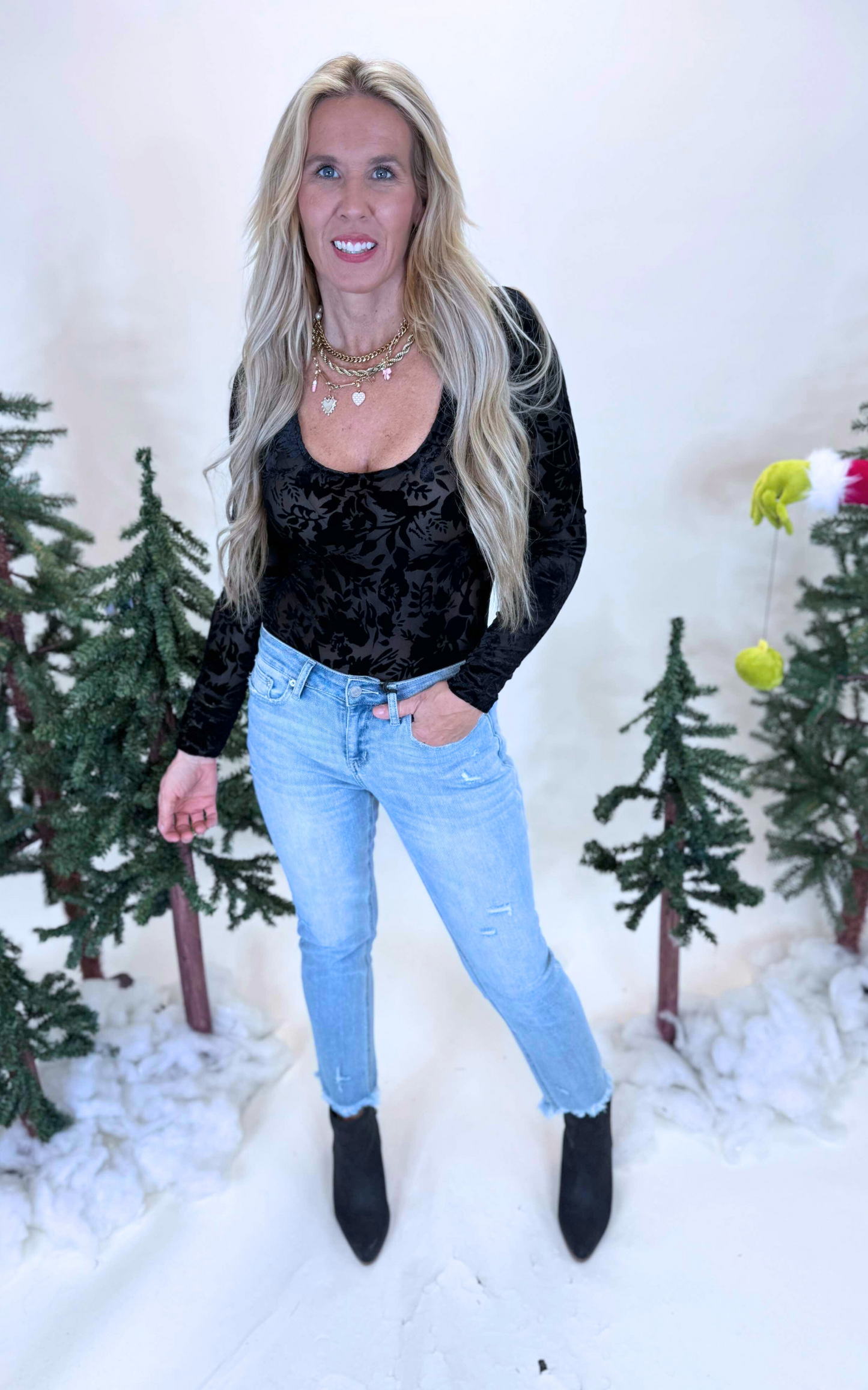 Black Velvet Floral Print Bodysuit*- Final Sale