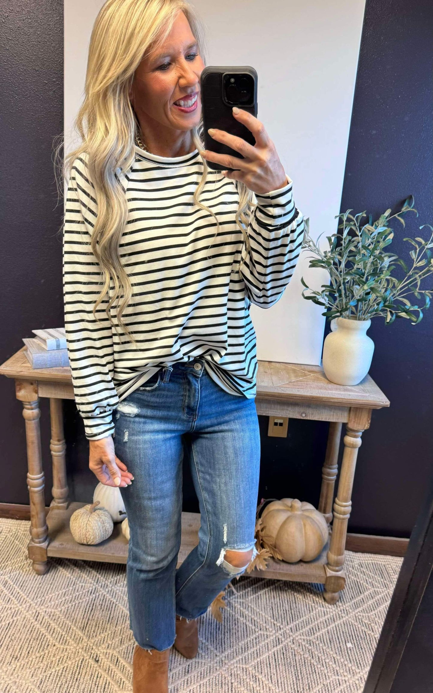 Black/White Stripe Long Sleeve Tunic Top**