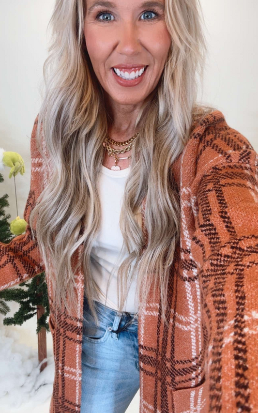 Toffee Jacquard Check Open Front Cardigan - Final Sale