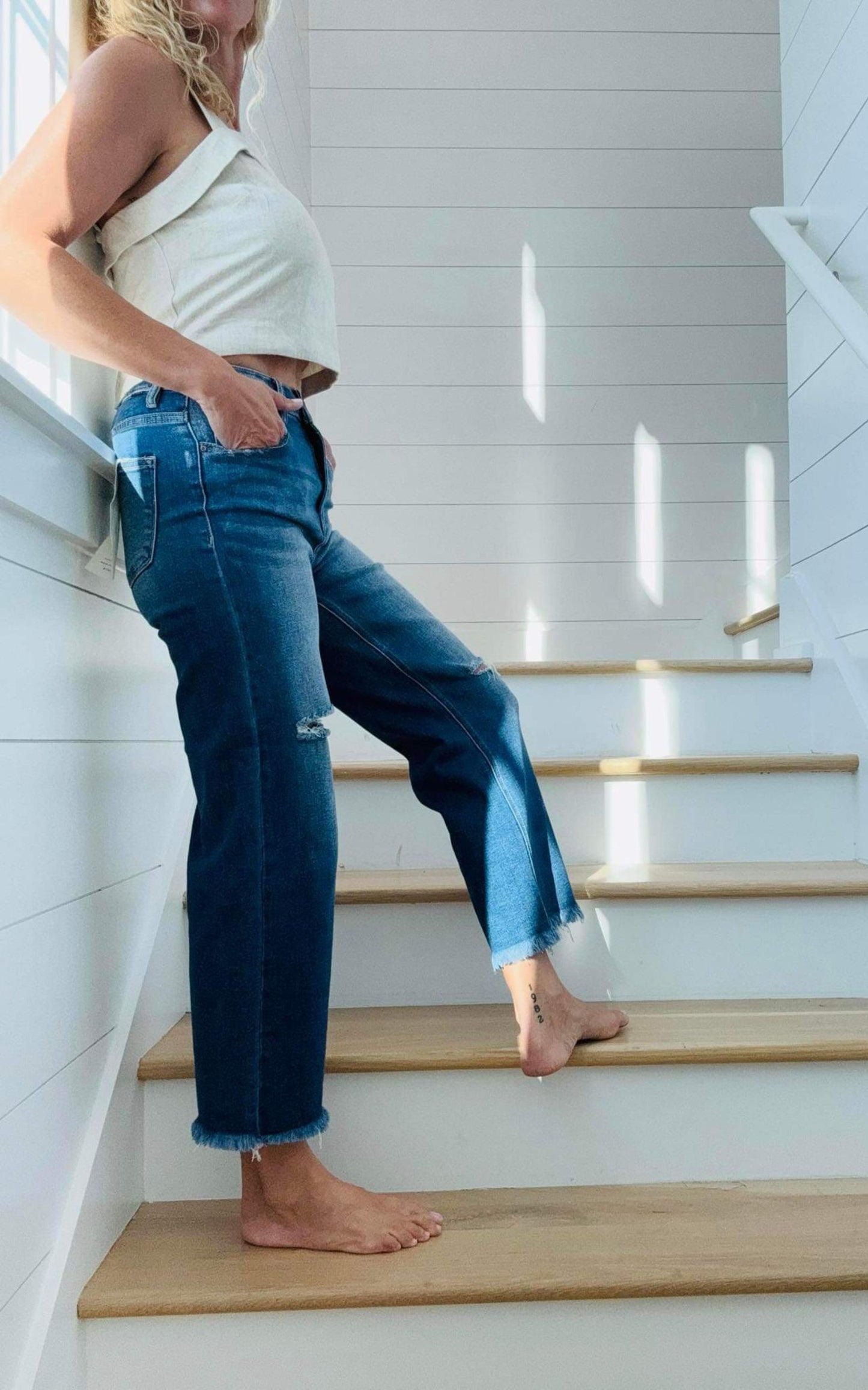 High Rise Frayed Ankle Wide Leg Denim Jeans | RISEN** - Final Sale