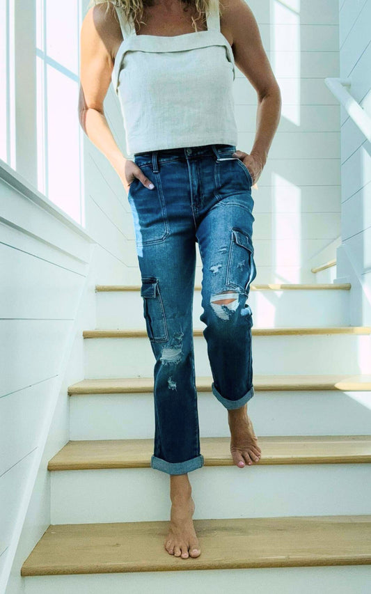 HIGH RISE CARGO ANKLE ROLL UP STRAIGHT PANTS | RISEN - Final Sale