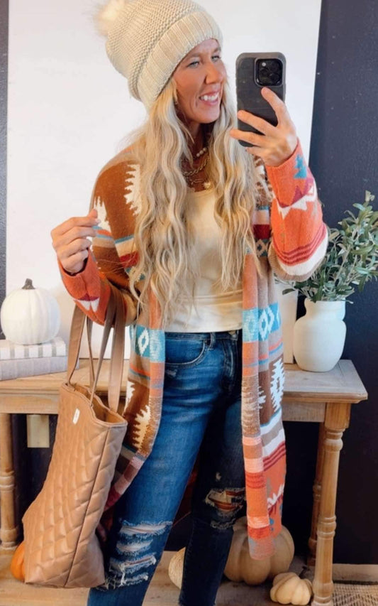 Rust Sectional Block Tribal Cardigan - Final Sale**