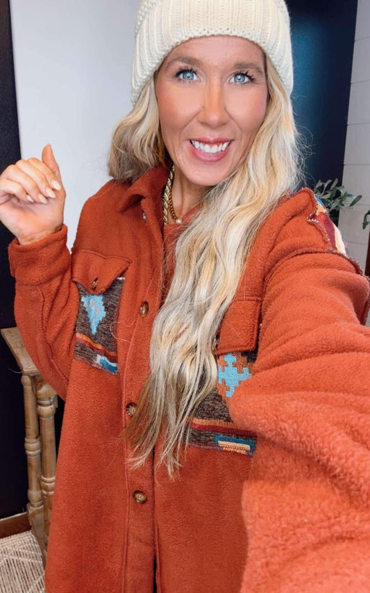 Aztec Rust Fleece Shacket - Final Sale
