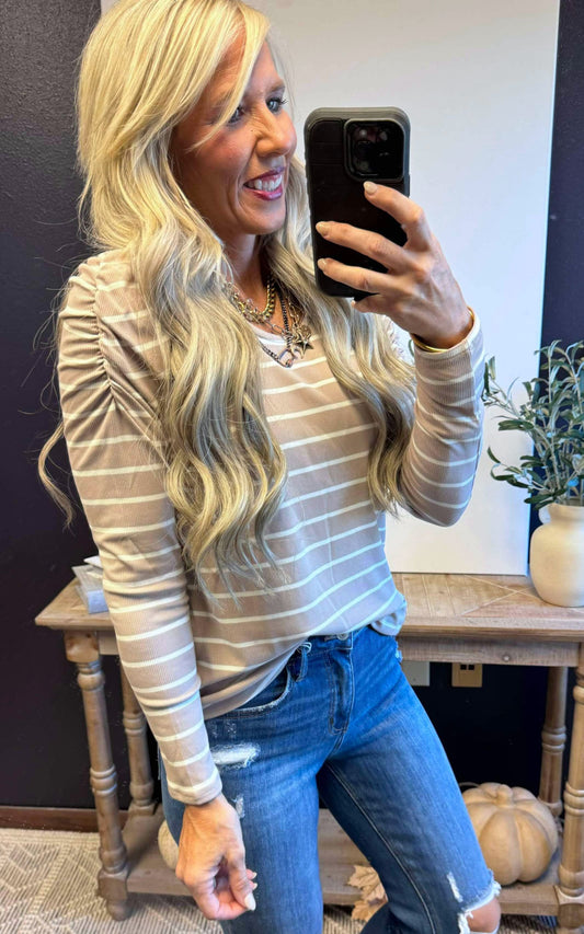 Taupe/Ivory Stripe Puff Sleeve Top**