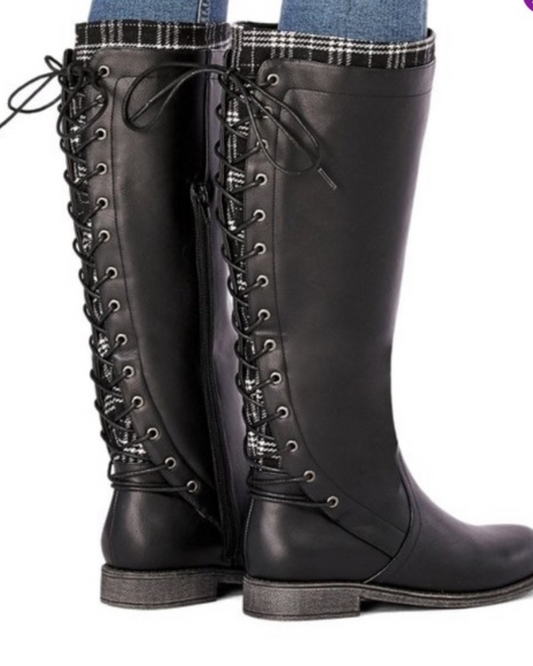 Lace Up Plaid Gunmetal Grey Boots | MODEL SHOE *FINAL SALE