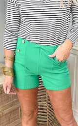 Kelly Green Knit Crepe 6 Button Pocket Shorts - Final Sale
