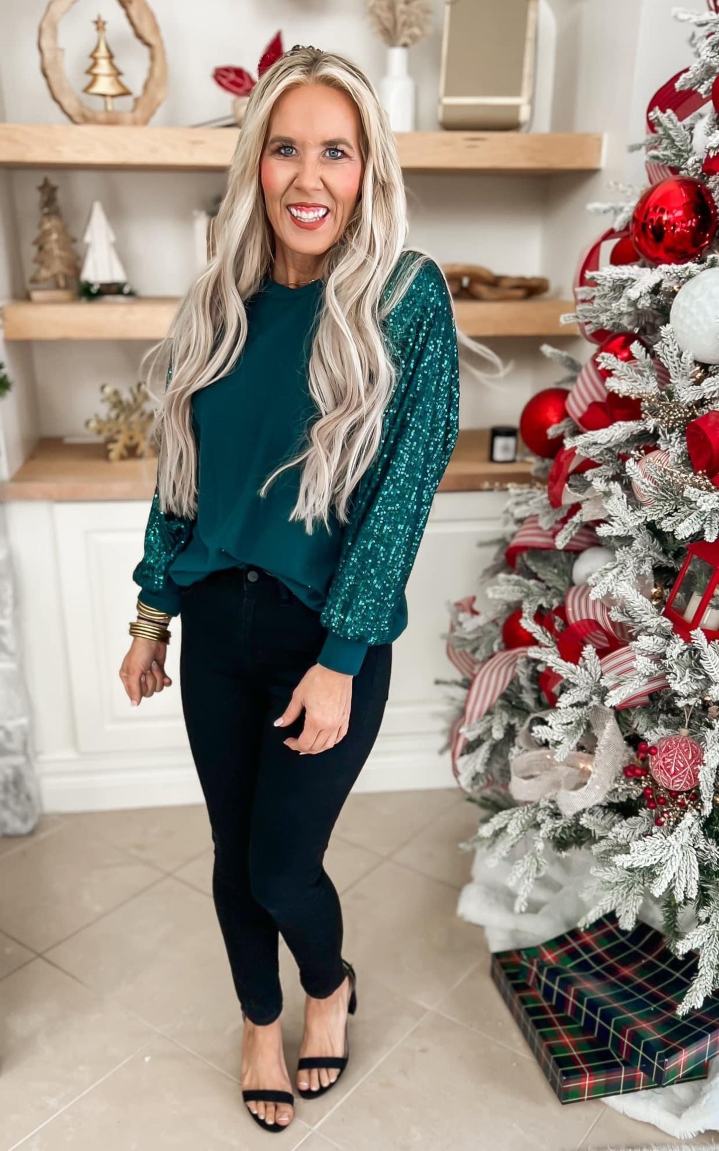 Hunter Green Sequin Sleeve Top