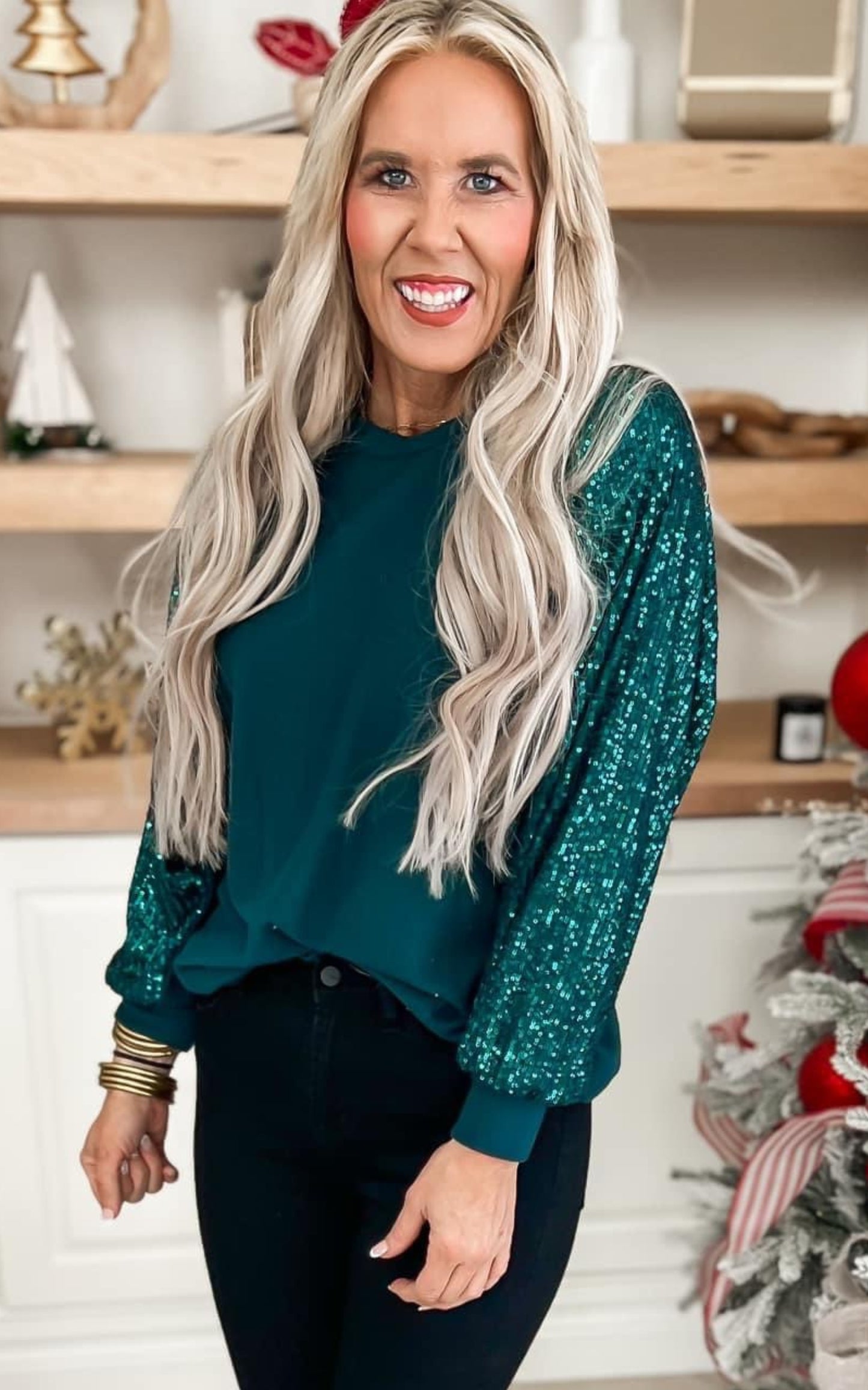 Hunter Green Sequin Sleeve Top