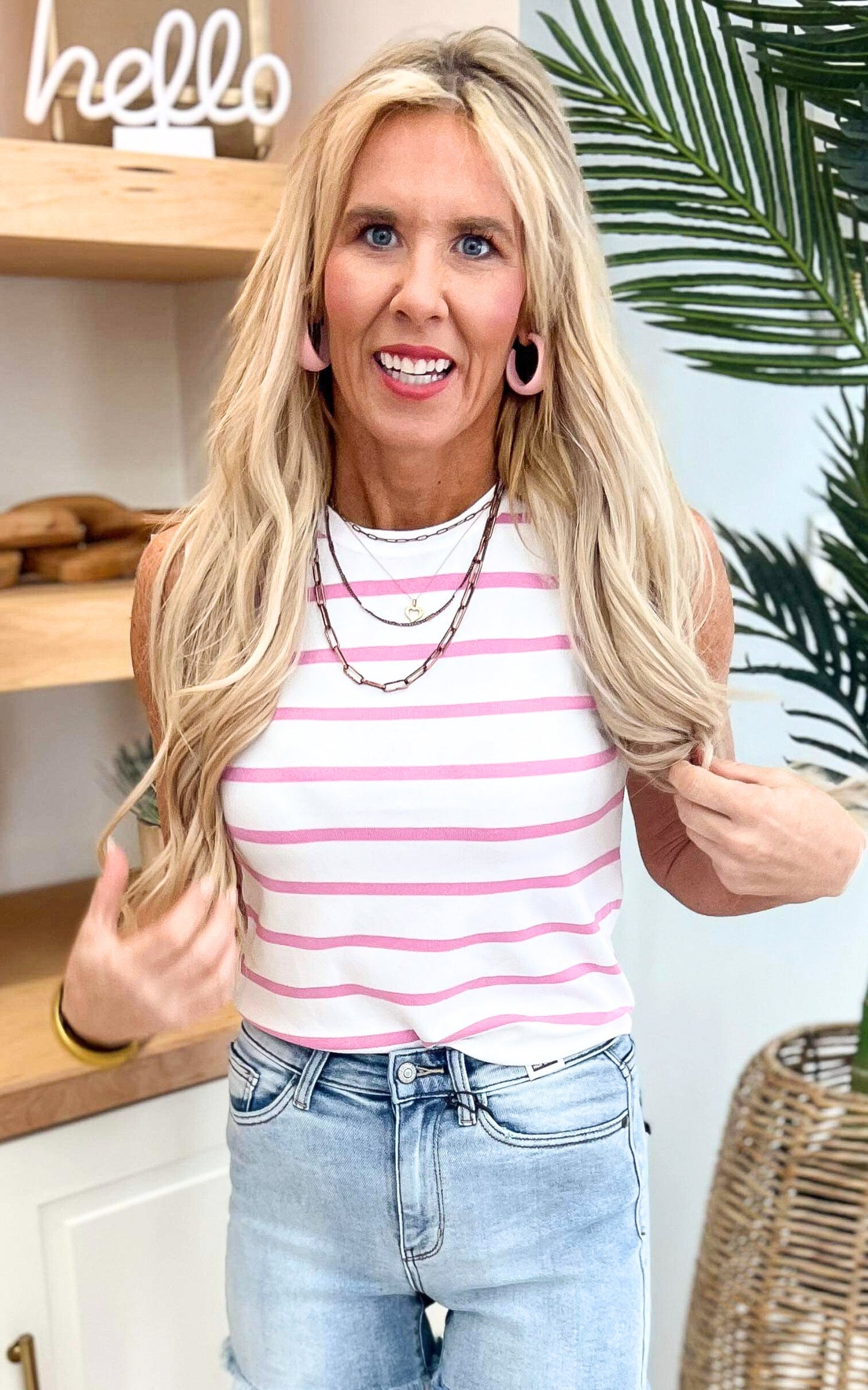 Striped Crewneck Sleeveless Sweater Top
