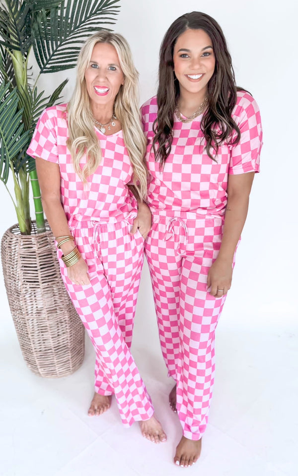 Hot Pink Checkered Pant Pajama Set by Salty Wave