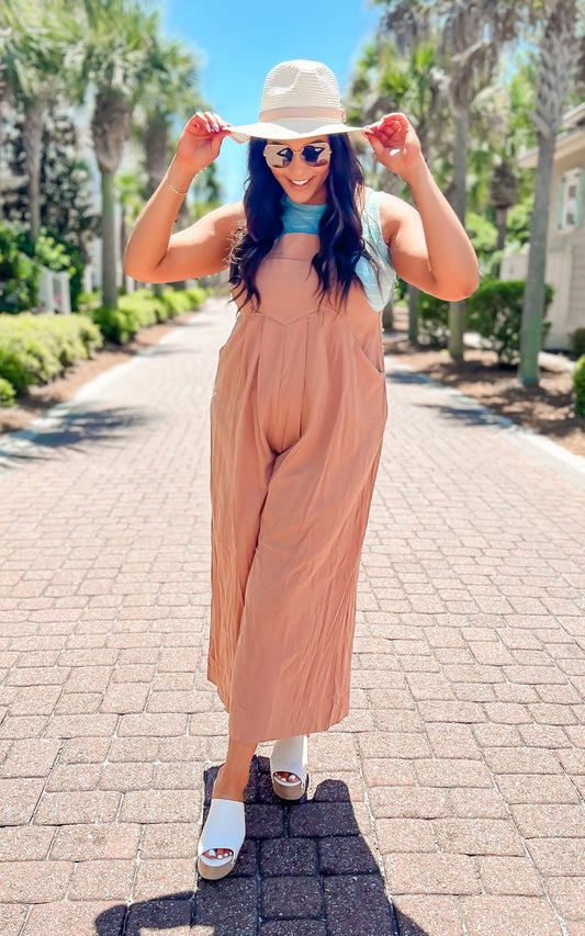 She Gone Linen Three Buttons Adjustable Strap Jumpsuit - Final Sale