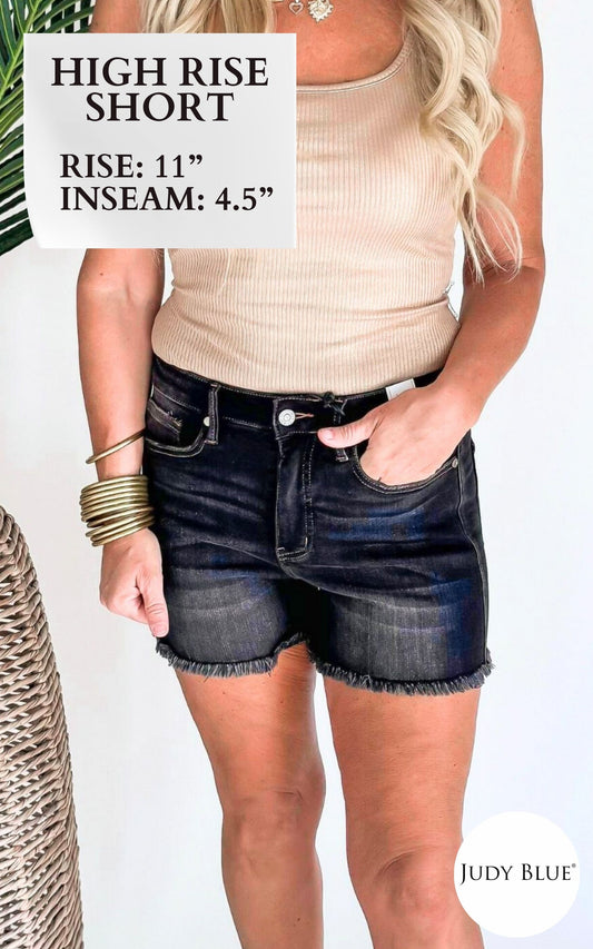 The Maddie High Waist Tummy Control Fray Hem Denim Shorts | Judy Blue - Final Sale
