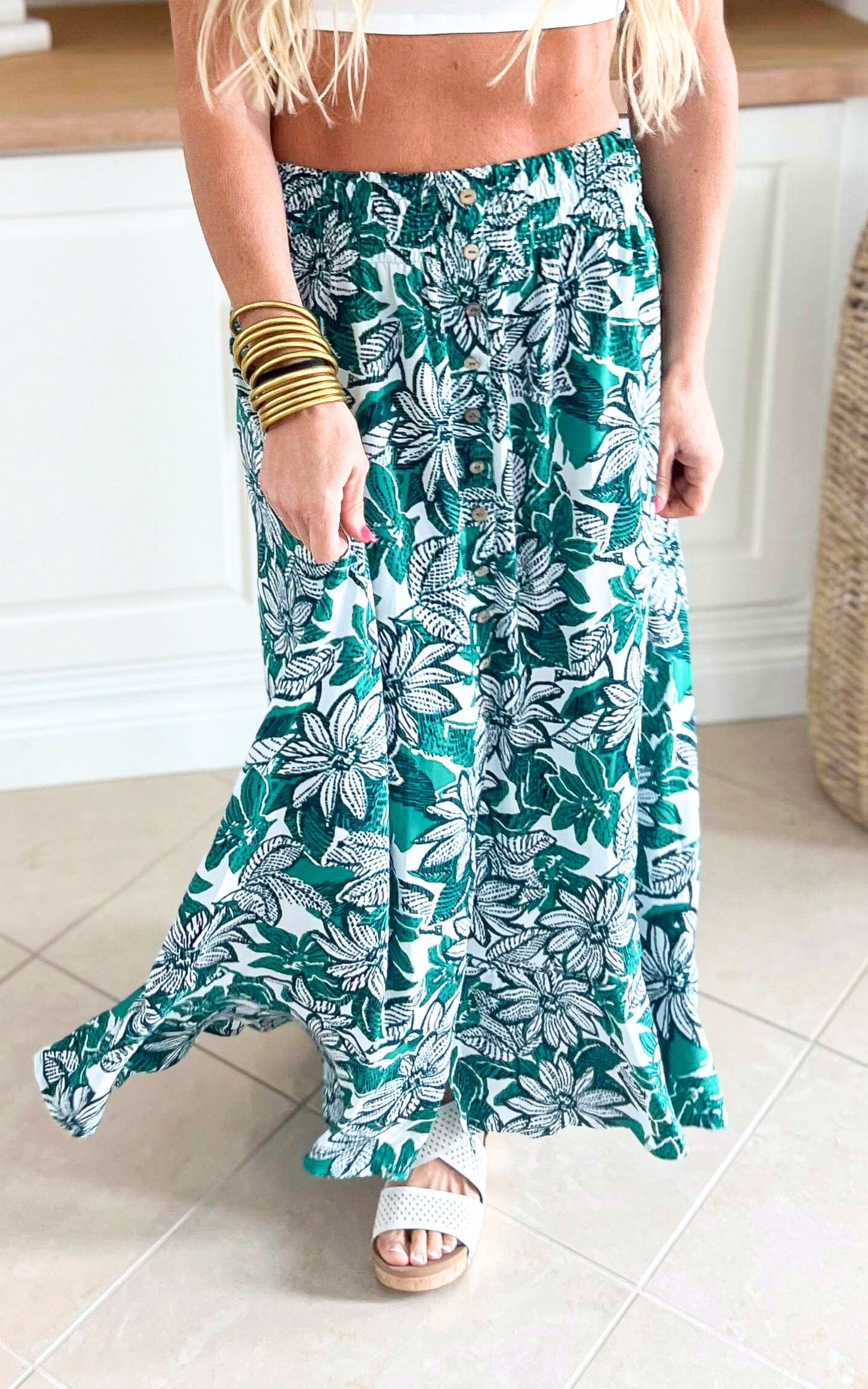 Floral Button Front Smocked Maxi Skirt - Final Sale