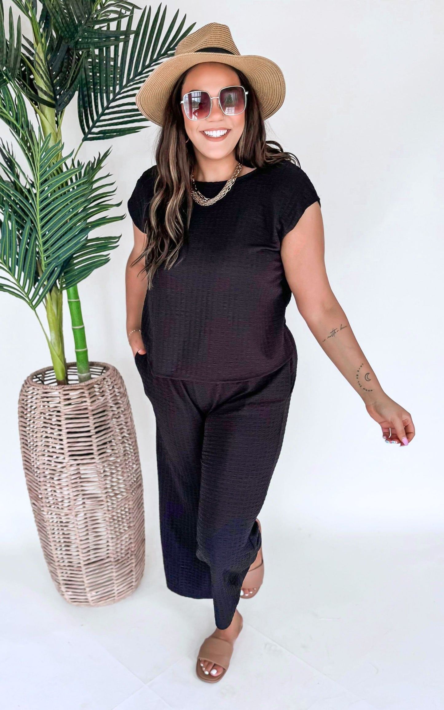 Feeling Fancy Textured Tie Back Drop Shoulder Jumpsuit - Final Sale