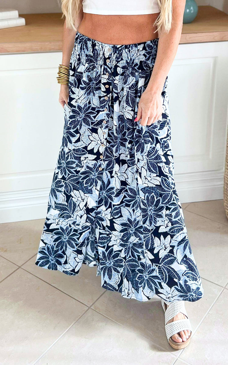 Floral Button Front Smocked Maxi Skirt