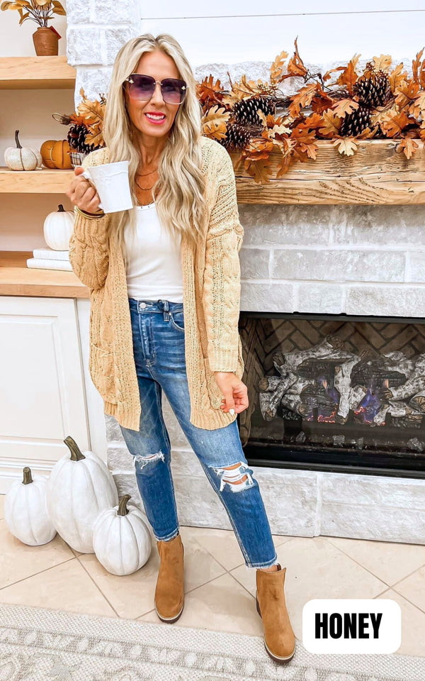 Honey Chenille Cable Knit Oversized Open Front Cardigan