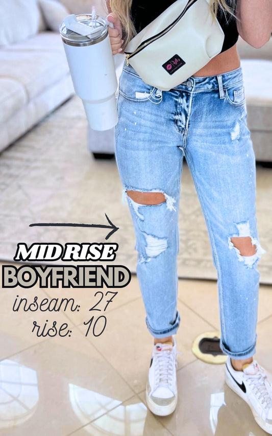 Mid Rise Stretch Boyfriend Paint Splatter Denim Jeans | Vervet