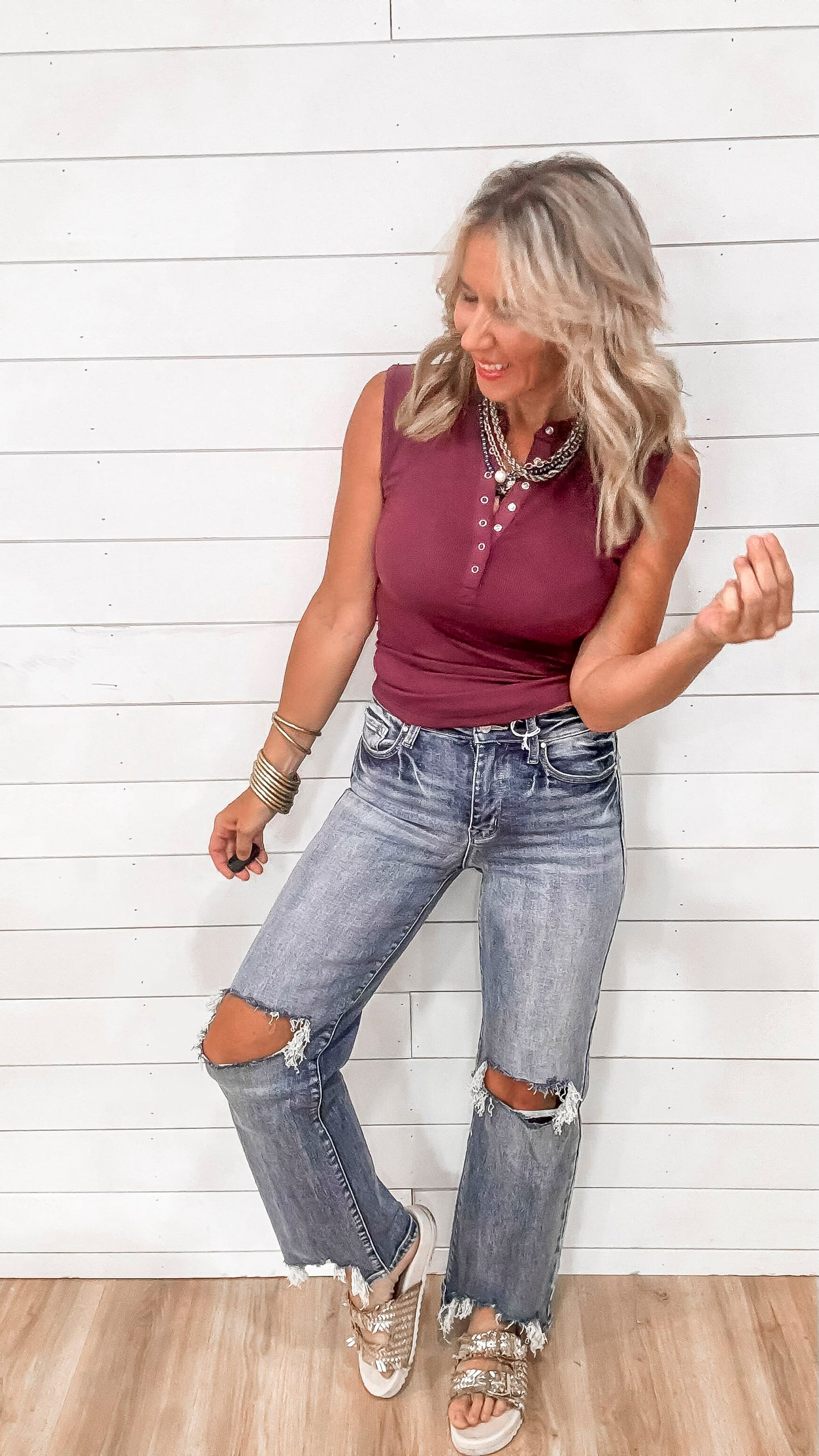 High Rise Stretch Slim Wide Leg W/ Destroyed Hem Denim Jeans