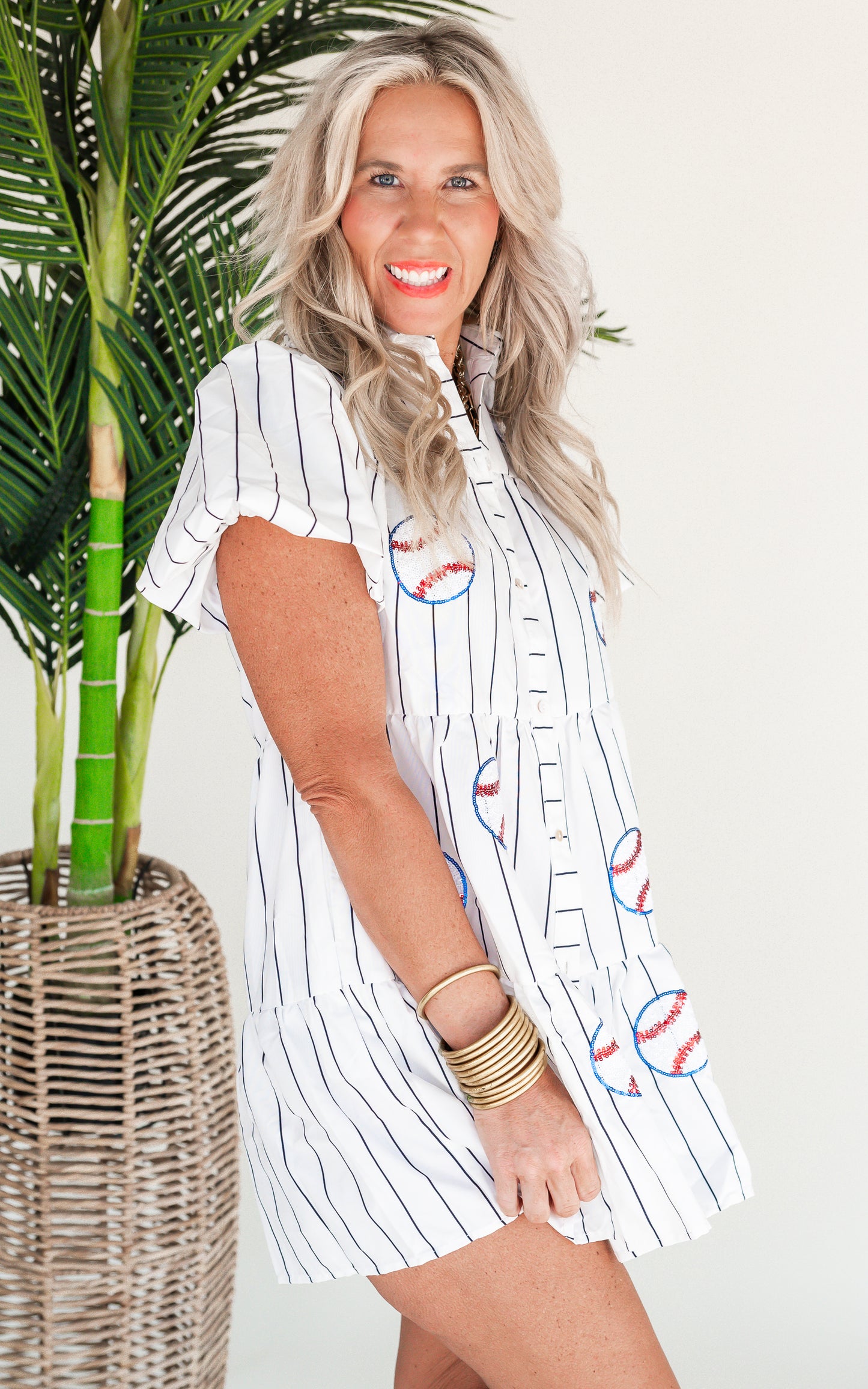 Striped Poplin Sequin Baseball Dress