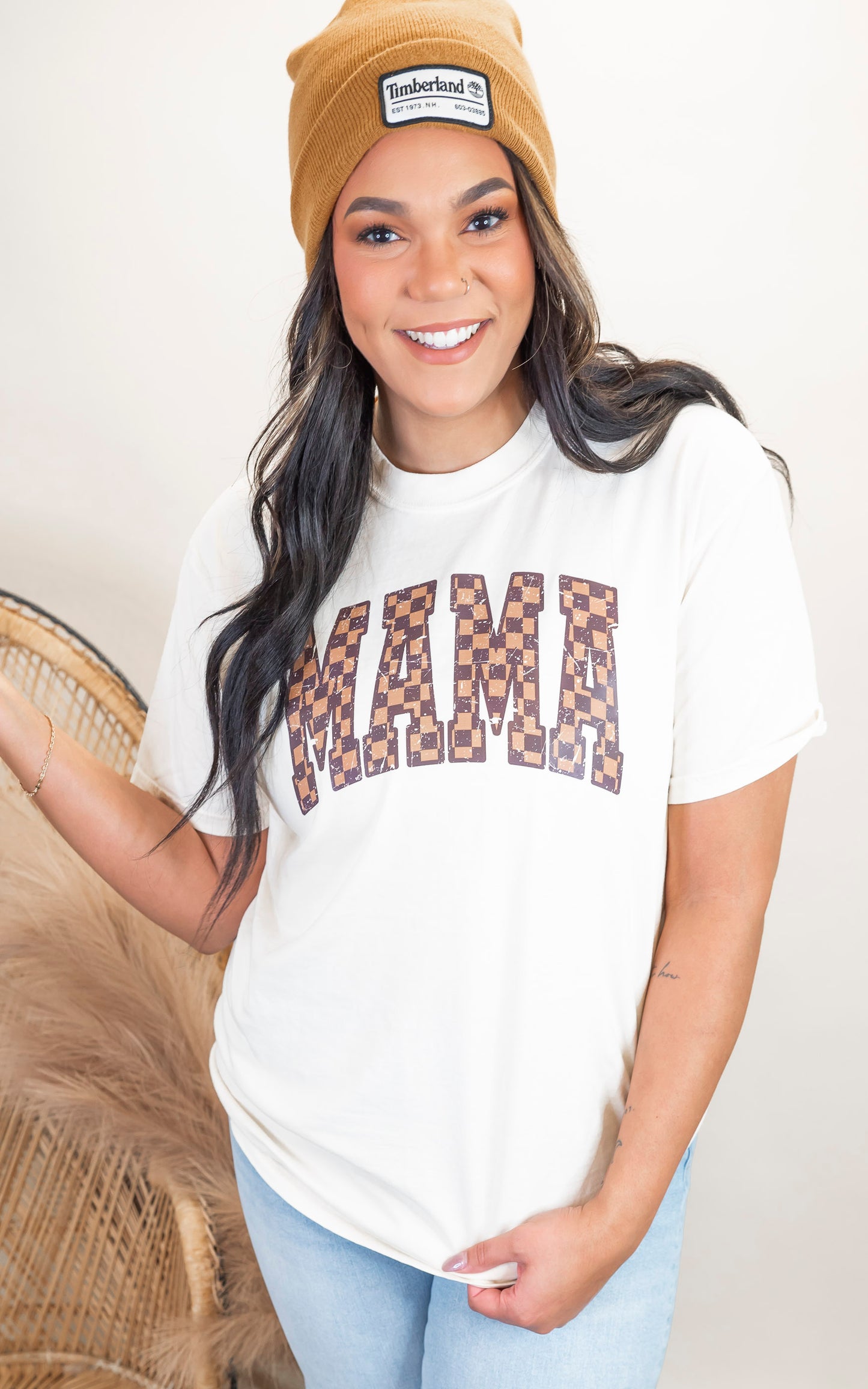 Distressed Checked MAMA Garment Dyed Graphic T-shirt